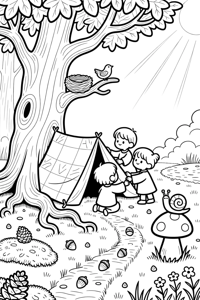 [Enchanted Forest] A group of woodland friends build a small blanket fort beneath the sprawling roots of an ancient oak. Tiny birds build a nest in a low branch while a snail slowly climbs a nearby toadstool. Sunbeams stream through gaps in the canopy onto a carpet of moss, fallen pinecones, and curling roots. Sunlight filters through the leaves, and a trail of fallen acorns leads toward a hidden clearing sparkling with morning dew.