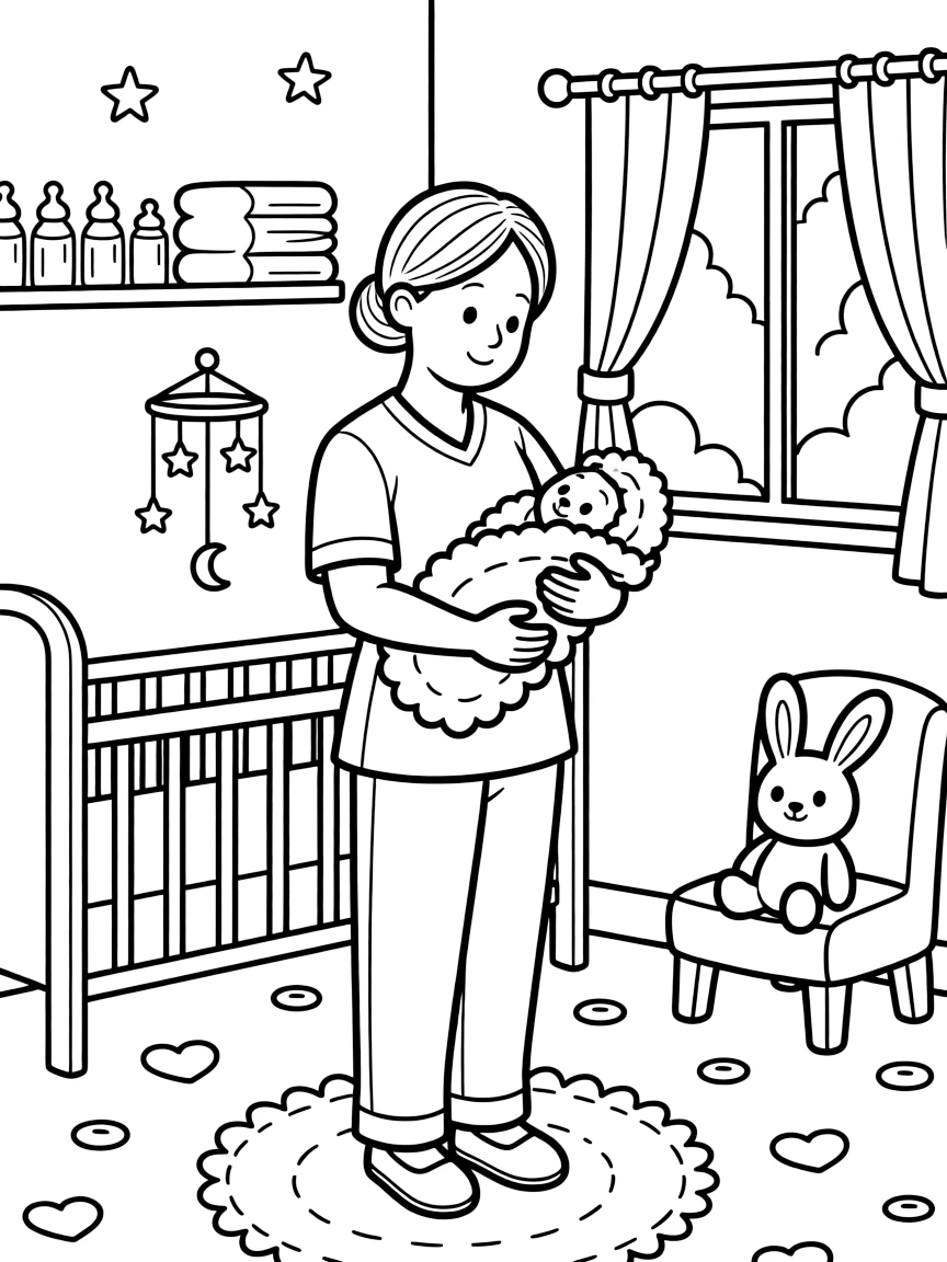 A midwife cradles a newborn wrapped in a soft blanket inside a hospital nursery.