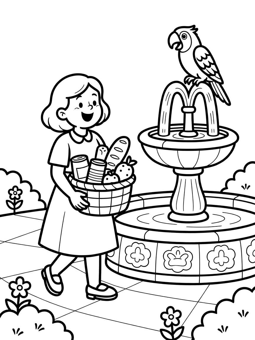 An older sister carrying a basket of donated food at a town square fountain while a parrot squawks from a perch.