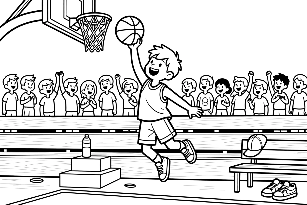 A cheerful young boy, leaping up for a slam dunk as the crowd on wooden bleachers jumps to their feet.