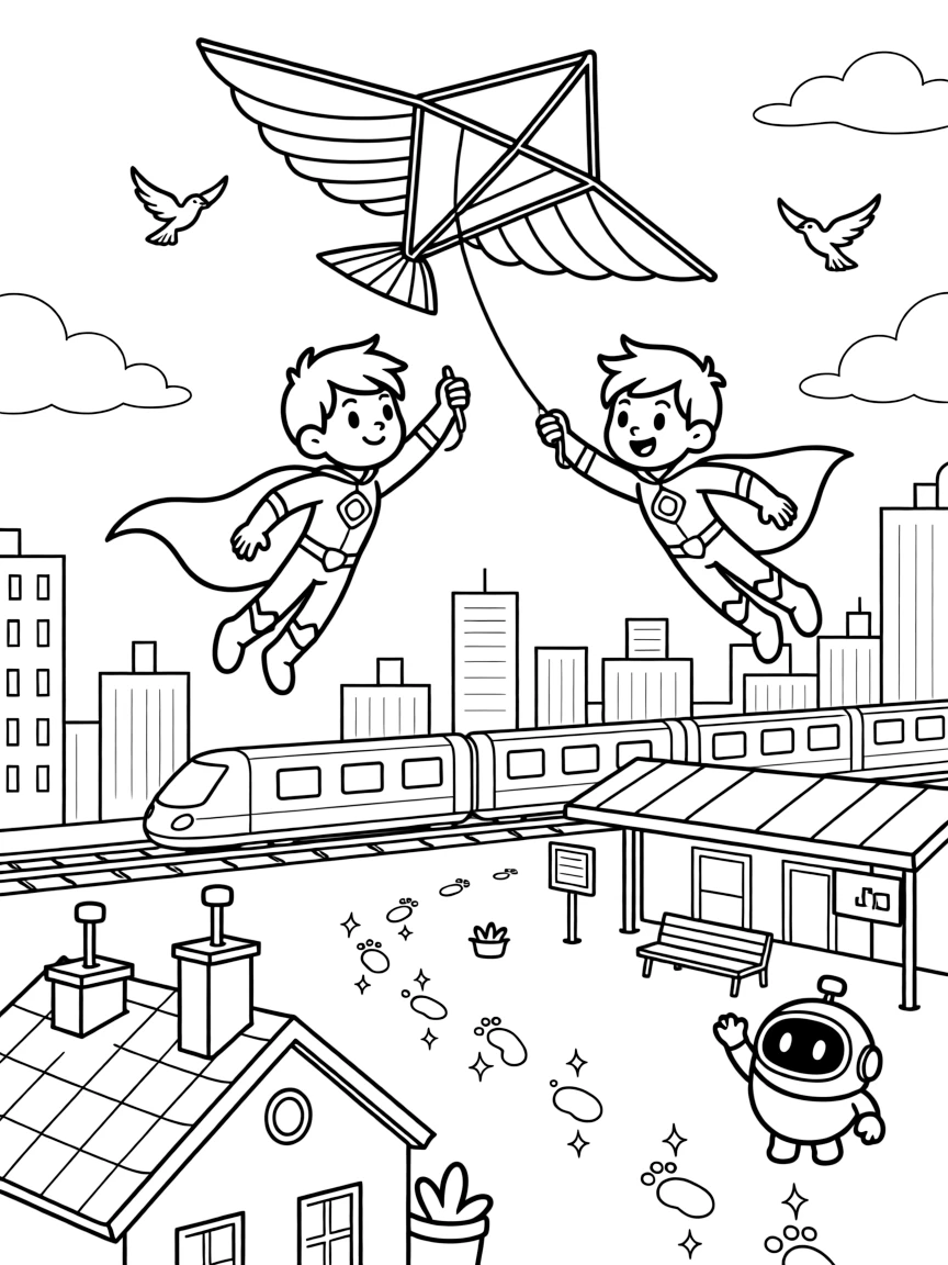 Twin superhero siblings Piper (magnetic) and Miko (light-bending) flying a kite that doubles as a mini glider over rooftops near a bustling train station for hover-trains connecting floating cities, surrounded by a small robot sidekick cheering and a trail of glowing footprints leading into the distance.