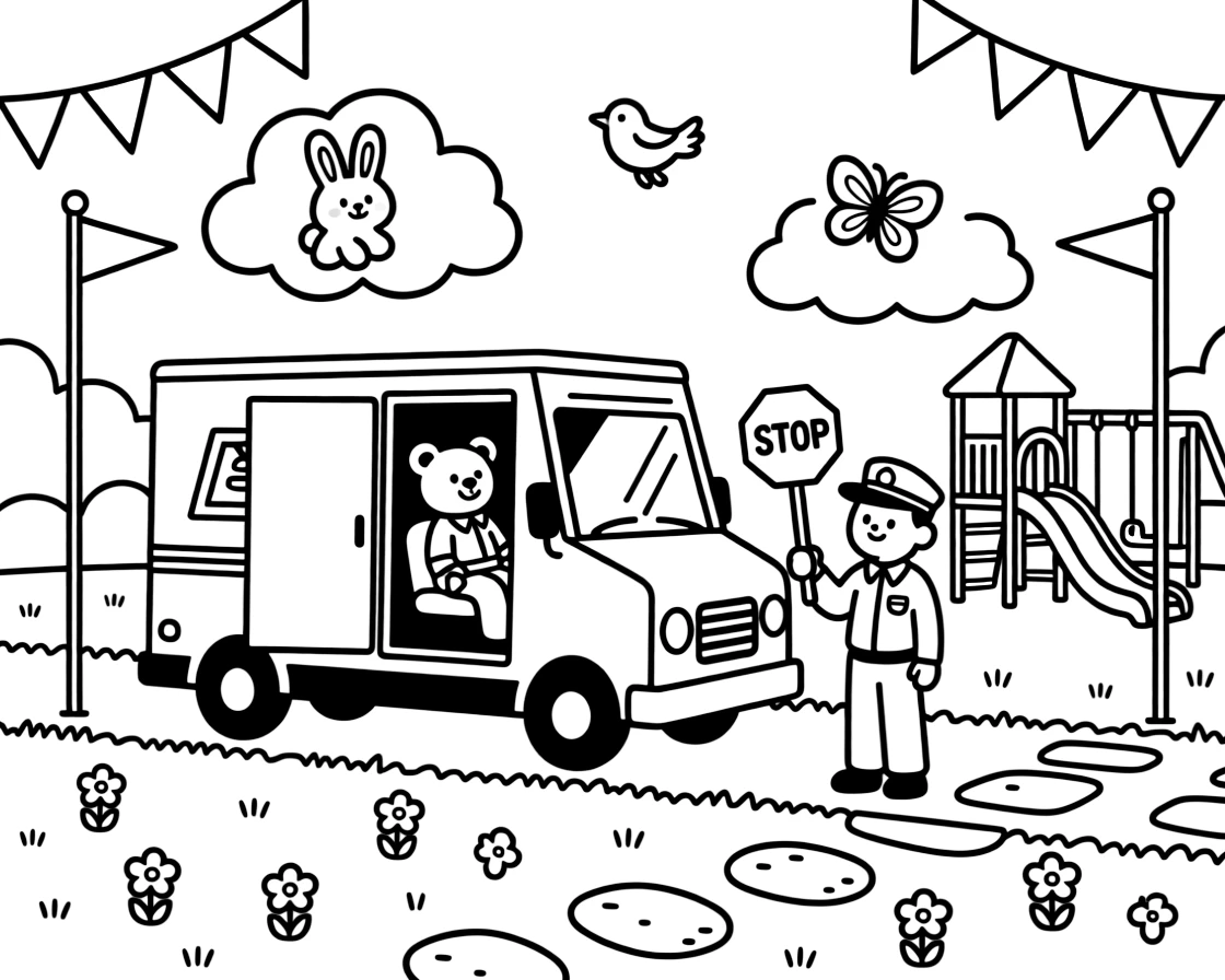 This page centers on a mail delivery truck with its side door open exploring a sunny schoolyard with a crossing guard and playground, featuring a teddy bear buckled safely into the passenger seat and little extras like fluffy clouds shaped like animals drifting overhead and colorful flags fluttering from every corner.