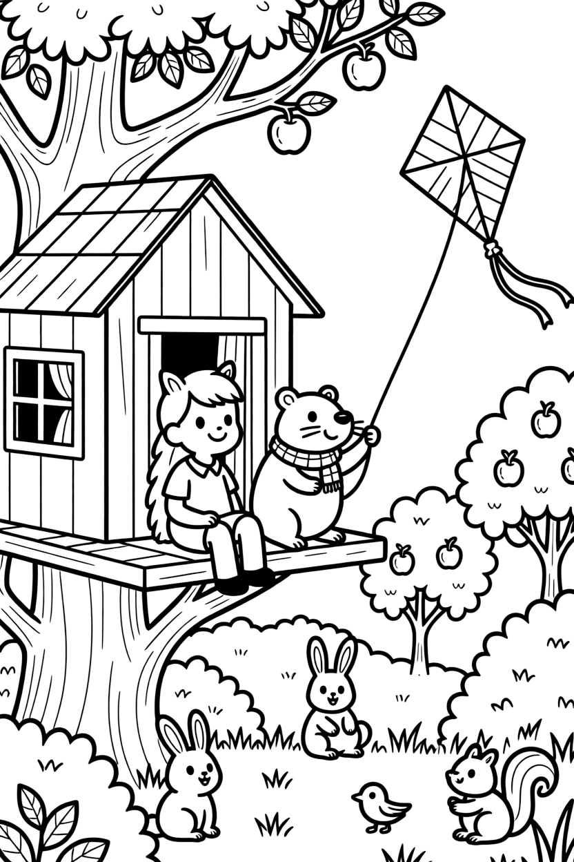A foal in a treehouse among the branches, flying a kite with a wombat, next to a apple orchard, while baby animals peek out from the bushes.