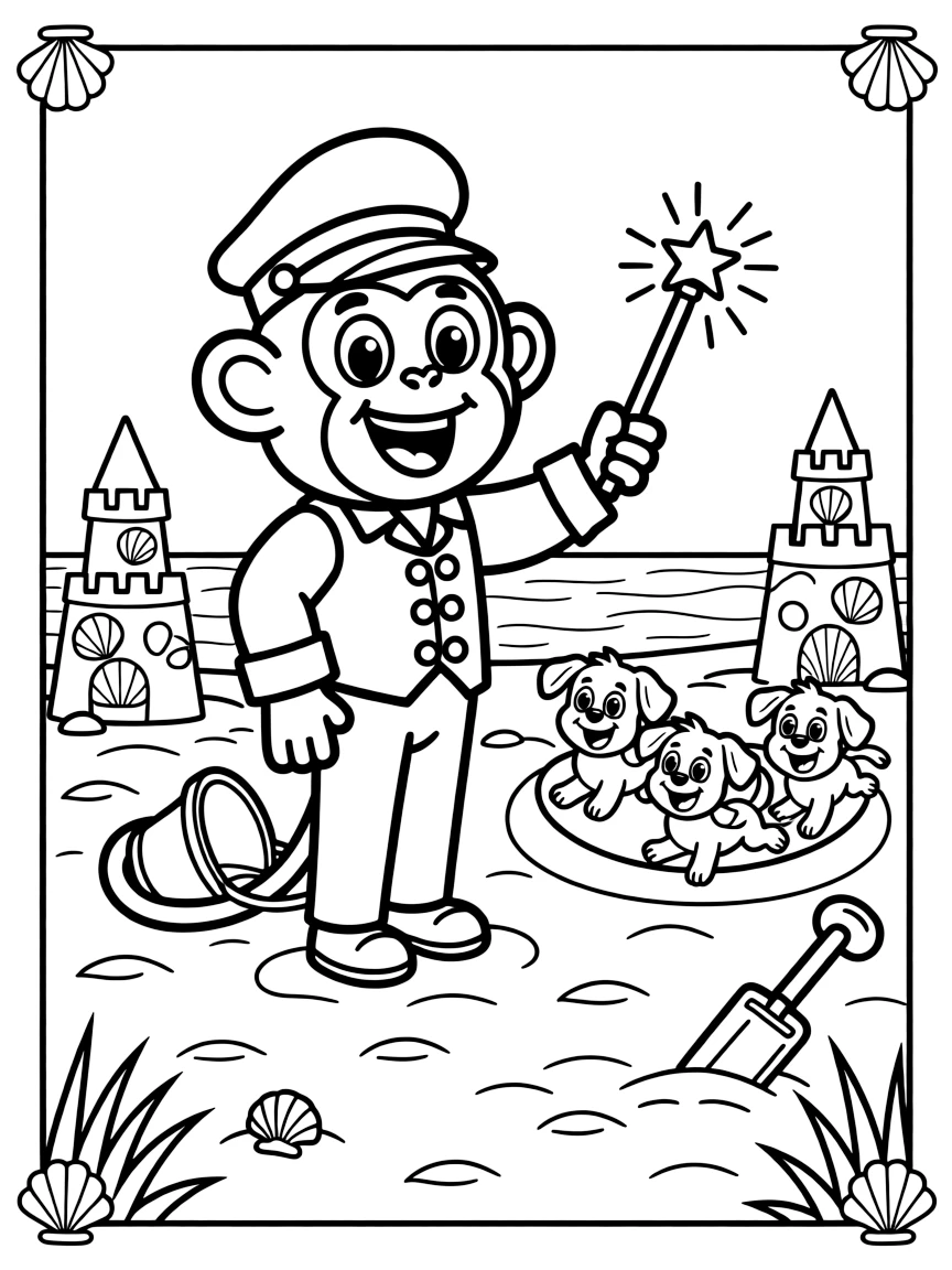 Proud and full of excitement, a roller coaster conductor monkey spends the day practicing magic tricks with a sparkly wand at the beach among sandcastles and seashell forts. Nearby, three bouncing puppies chasing their tails adds to the fun. The whole gang can't stop smiling.