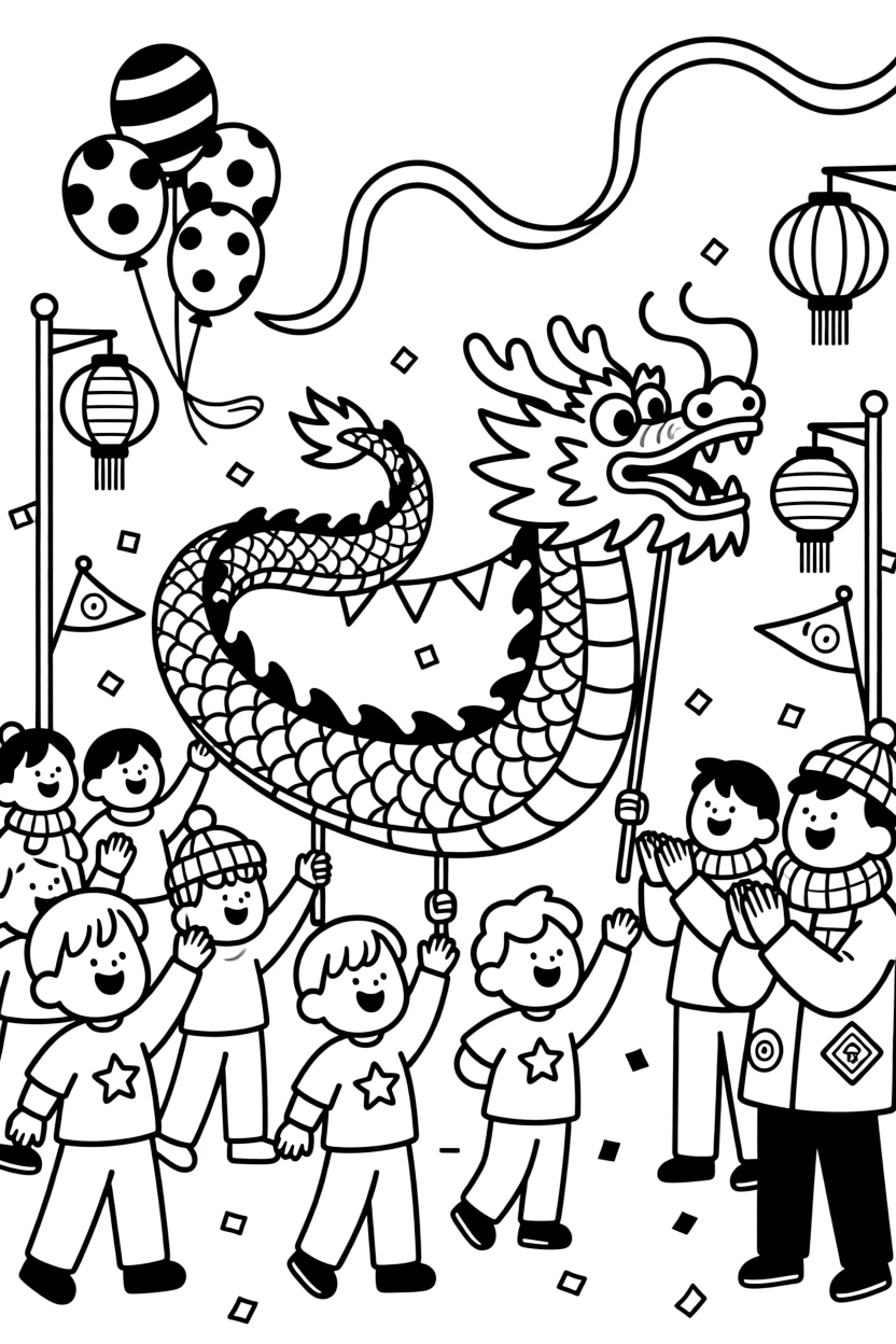 A coloring page bursting with festival energy from China, depicting a Lunar New Year parade with a long dragon puppet weaving through a crowd of cheering children, with balloons, streamers, and happy onlookers filling the scene.