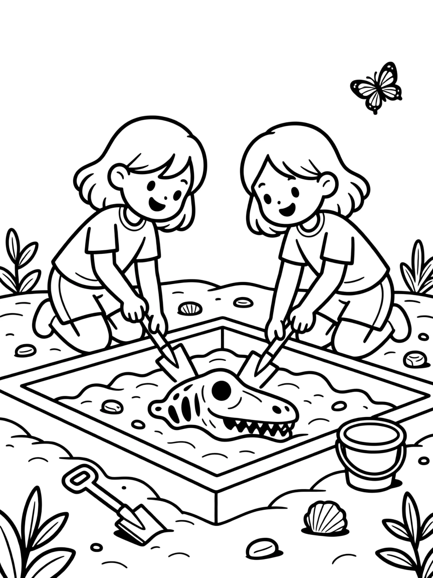 determined twin sisters dig carefully in a sandbox to uncover a hidden dinosaur bone.