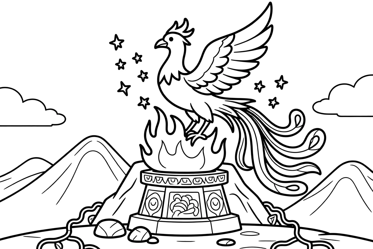 A phoenix bursts into brilliant flame atop a mountain altar, its old feathers turning to sparkling ash as a new, radiant bird begins to emerge from the fire.
