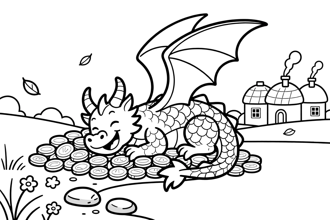 [Dragons] A dynamic scene shows a golden dragon with curled horns napping on a pile of gold coins over a glittering lake, laughing joyfully. Close by, a small village with round rooftops sits below. Its wings cast a great shadow over the landscape. The moment unfolds at high noon, with a light breeze blowing, filled with energetic detail perfect for a young colorist.