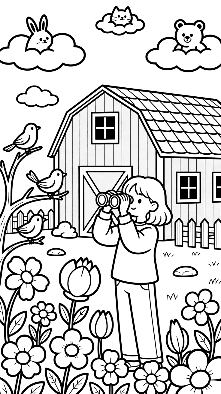 A girl birdwatcher peering through binoculars is tending a garden of glowing enchanted flowers on a farm beside a big red barn. Just beyond, friendly songbirds perched close by and fluffy clouds shaped like little animals fill the page with charm.