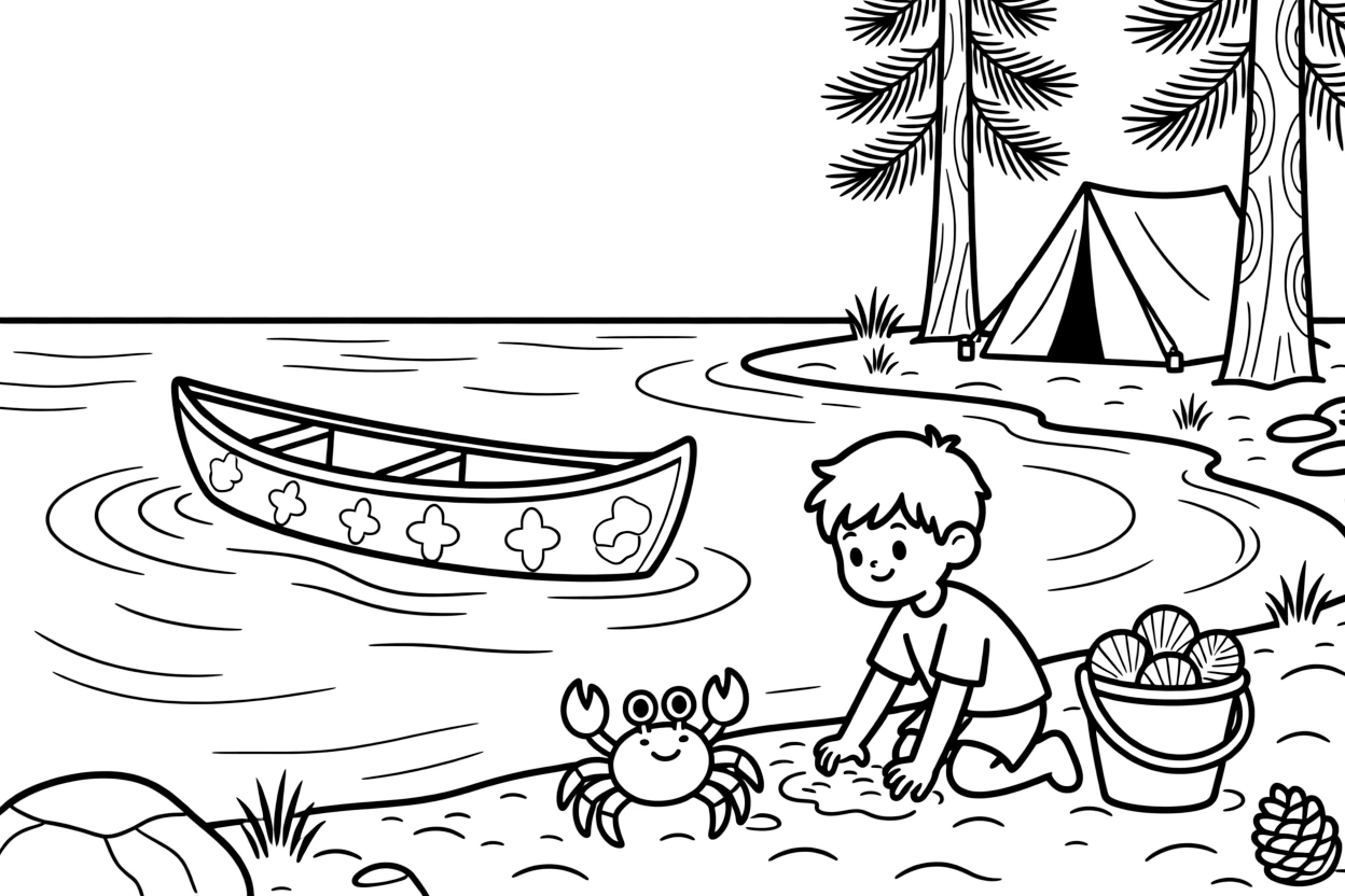 A decorated canoe gliding across calm waters in a campsite nestled among tall pine trees, with a curious little boy playing close by amid a friendly crab scuttling in the sand and a seashell collection in a bucket.