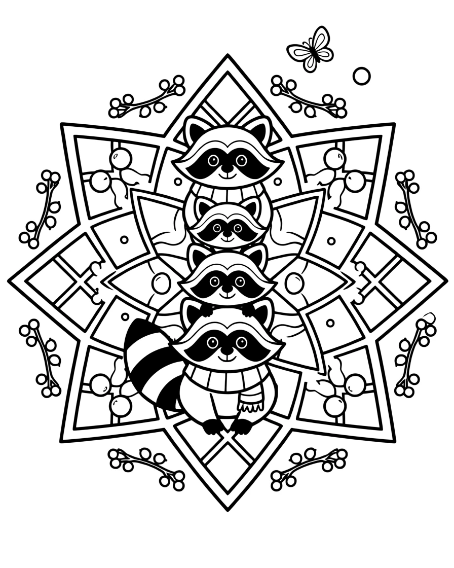 Woodland Animals: The design turns a family of raccoons stacked in a playful pile into a kaleidoscope-style composition anchored by an eight-point star mandala framing the design. The imagery is reflected six times around a central point, so each wedge of the page mirrors the one beside it. Decorative details fill the surrounding space, including a grid of lattice diamonds, clusters of round bubbles, and twisting berry-vine garlands woven throughout the background. A playful extra touch completes the page: a pair of small butterflies fluttering near the top of the page.