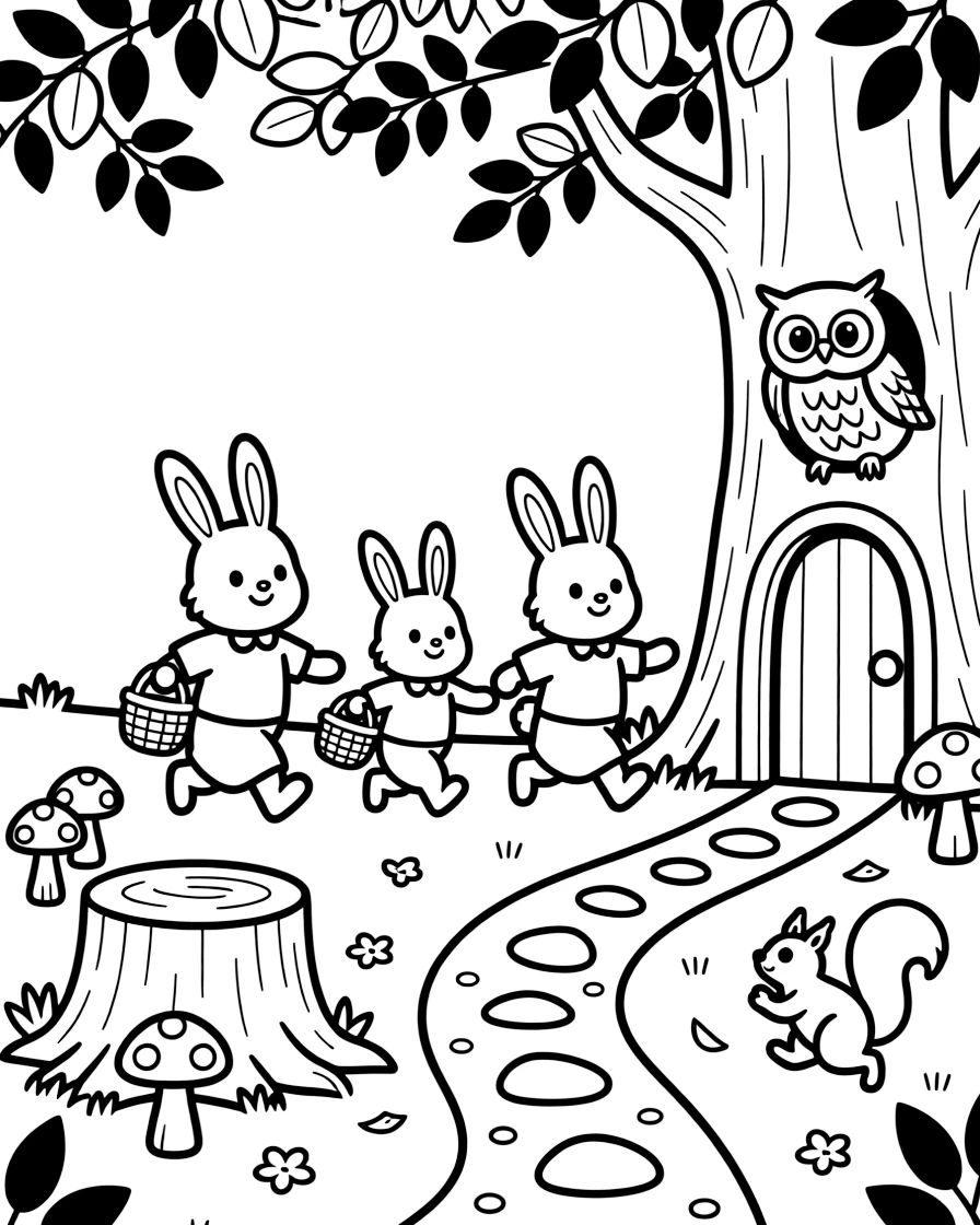 [Enchanted Forest] A cheerful family of rabbits hops along a winding forest trail, baskets in paw for a woodland picnic. Nearby, a wise old owl watches from a hollow tree, while squirrels chase each other around a mossy stump. A ring of spotted mushrooms circles an old tree stump carved into a tiny door, with pebbles forming a winding path. A gentle breeze rustles the leaves overhead, scattering a few petals across the forest floor.