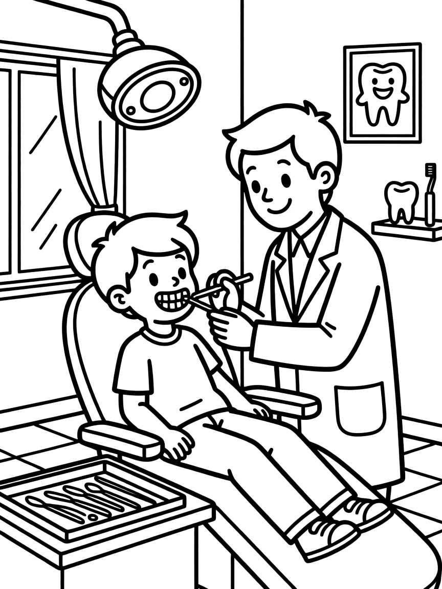 An orthodontist fits sparkling braces on a smiling kid using tiny dental tools.