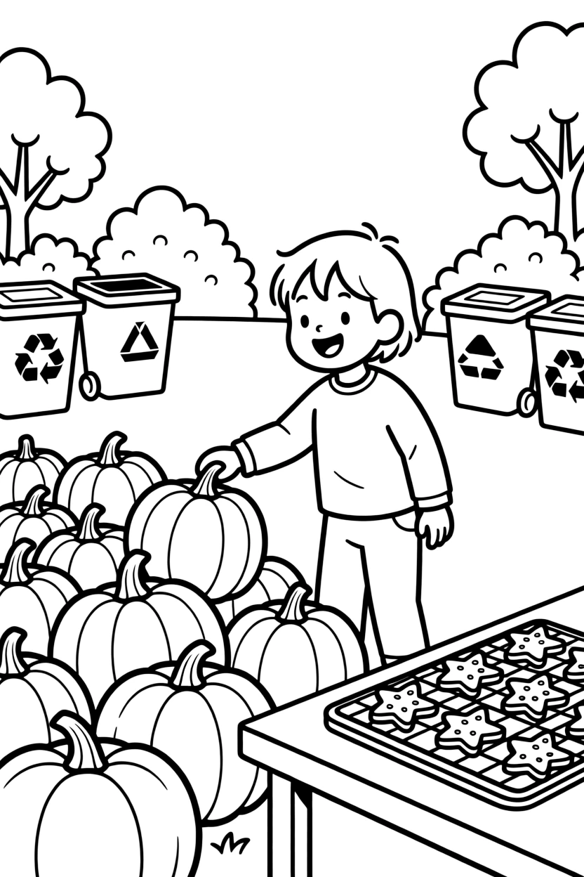 A young child picking out a pumpkin from a big pile at a recycling drive as star-shaped cookies cool on a tray.