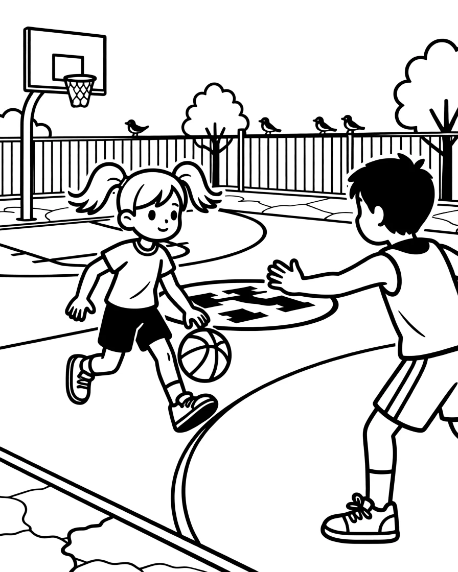 A determined girl with pigtails, dribbling between the legs to dodge a defender on an outdoor court painted with a team logo.
