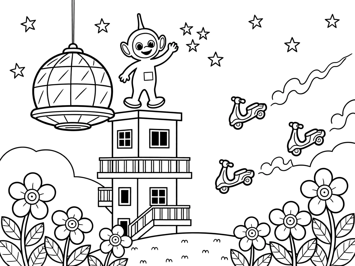 Wiggles, a playful alien creature with paddle feet counting shooting stars from the top of an observation tower near a orbiting greenhouse station shaped like a giant glass sphere, surrounded by a fleet of hover-scooters zipping past in the background and a garden of oversized glowing flowers.