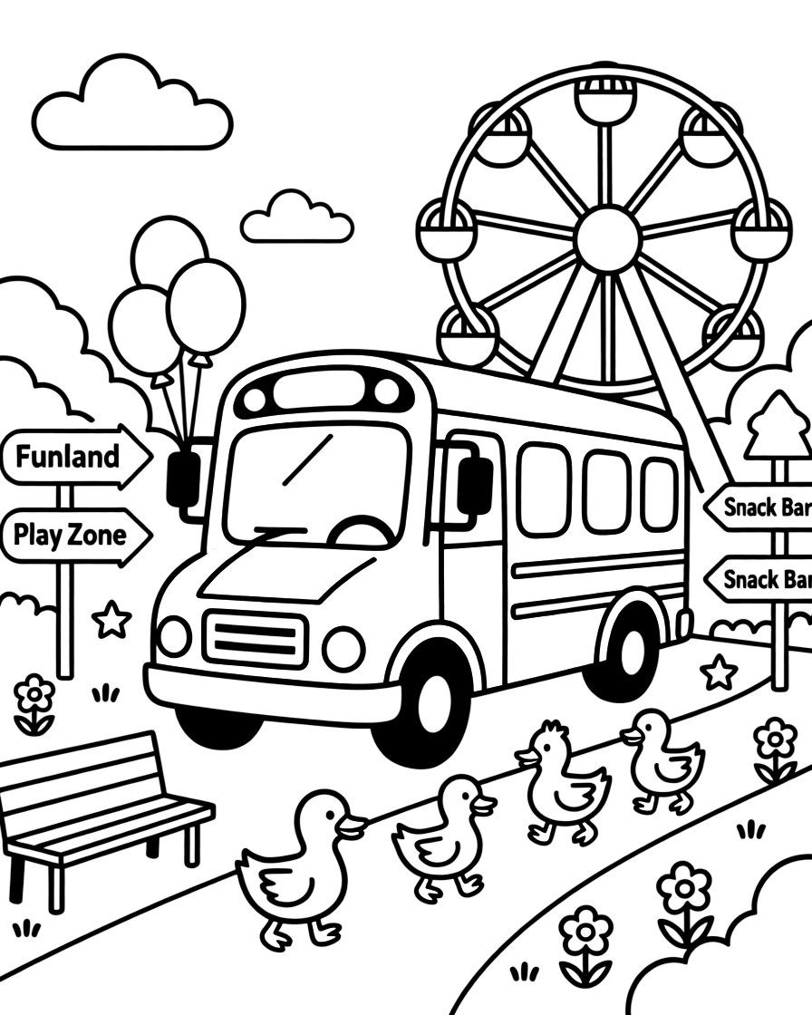 In this scene, a cheerful yellow school bus with its stop sign arm out is the star of a colorful amusement park with a Ferris wheel in the background, joined by a family of ducks waddling alongside, with balloons tied to the rearview mirror and road signs pointing toward fun destinations scattered throughout for kids to color.