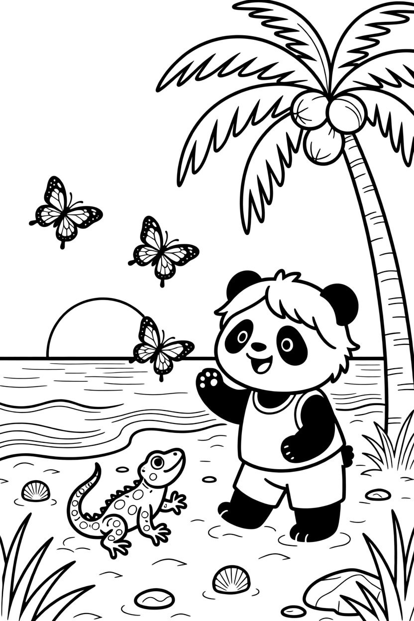 A gecko chasing butterflies through the garden with a panda cub on a tropical beach at sunset, near a tropical palm tree.