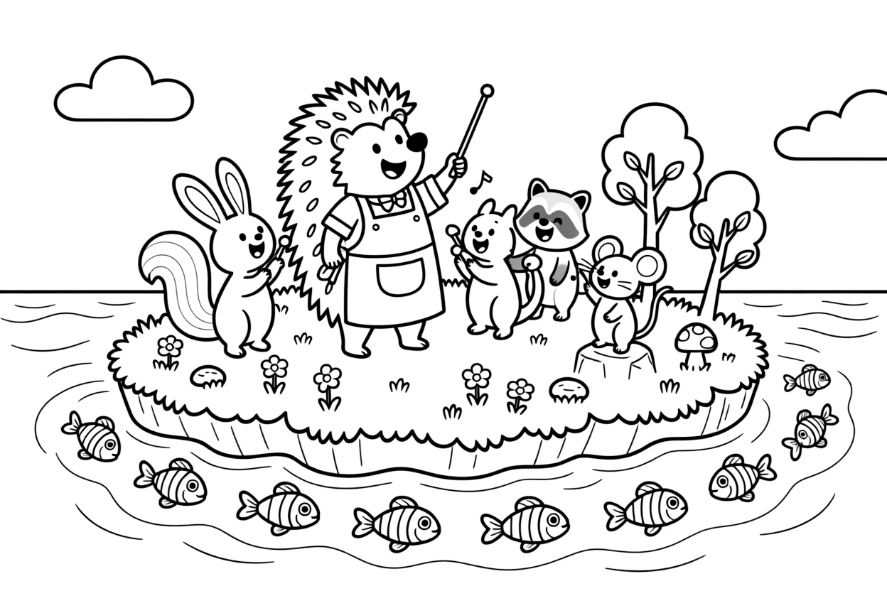 On a floating island drifting through the sky, a gentle-hearted hedgehog baker discovers the joy of conducting a choir of singing woodland animals, while a school of rainbow fish swimming past watches happily nearby. The whole crew is grinning from ear to ear.