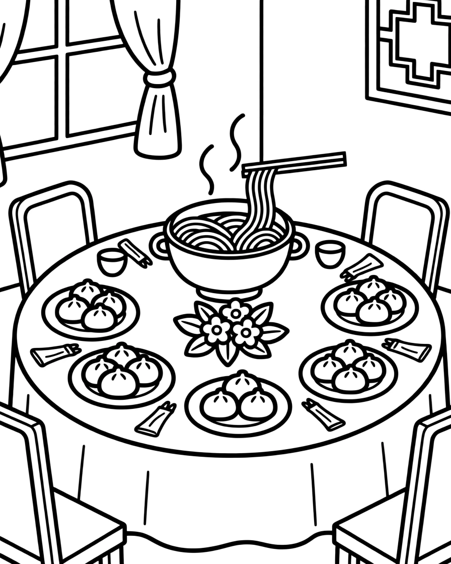 A coloring page of a cozy mealtime scene from China featuring a round table loaded with dumplings, steamed buns, and a big pot of noodles, arranged on a table with napkins, cups, and a cheerful centerpiece.