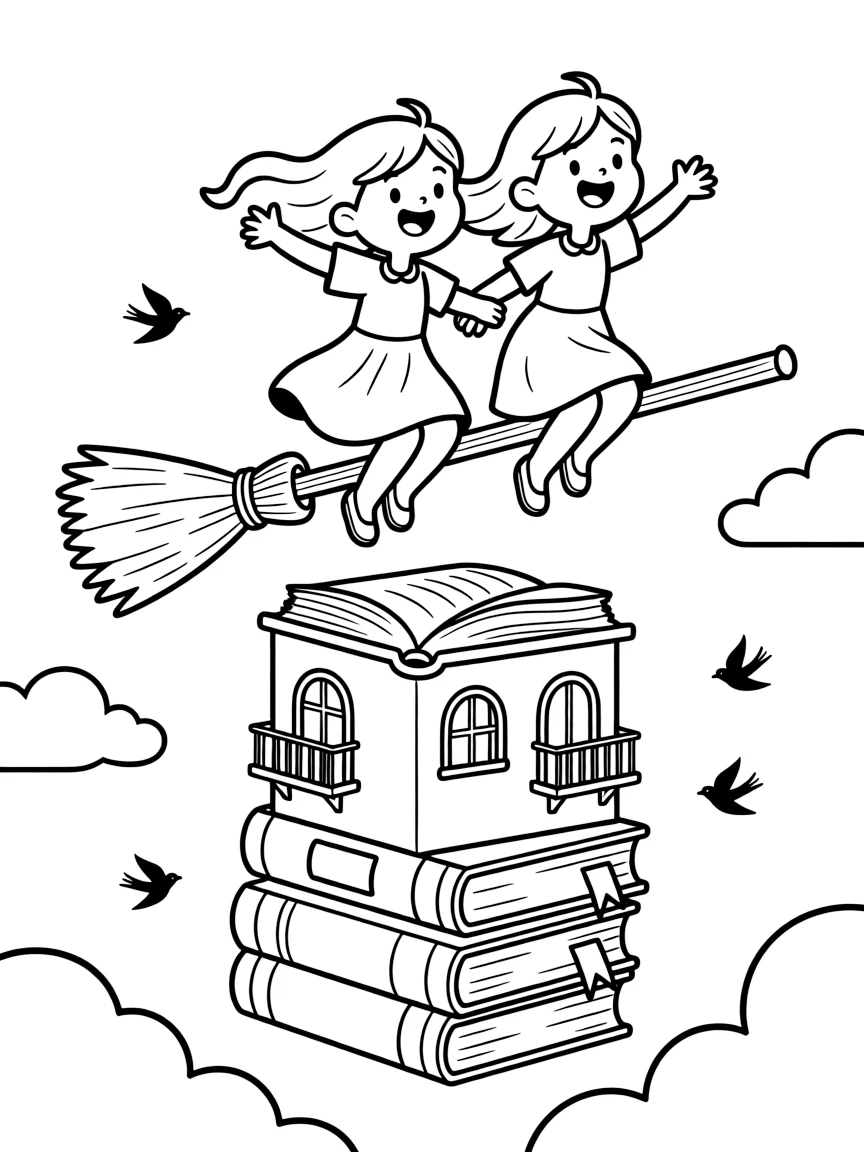 excited twin sisters fly on a broomstick to a floating school built from stacked books.