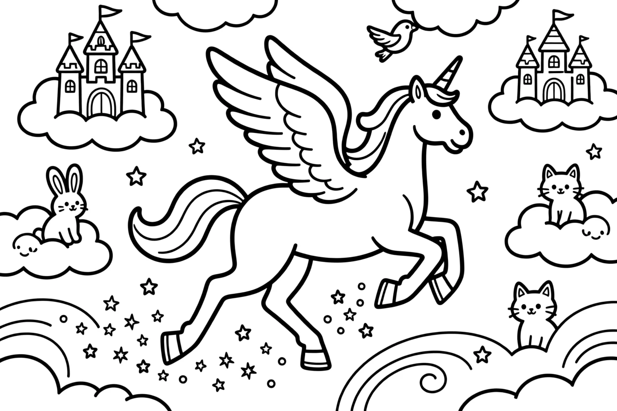 A winged pegasus gallops across fluffy clouds shaped like castles and animals, leaving a trail of sparkling stardust behind its hooves.