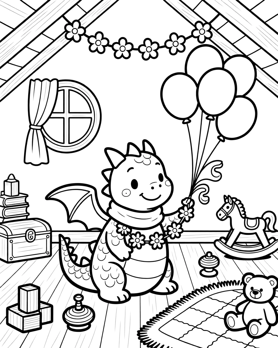 A friendly baby dragon with tiny wings is stringing together a daisy chain necklace inside a cozy attic playroom full of old toys. In the background, a cluster of bouncing balloons tied with ribbon and a garland of paper flowers strung overhead round out the happy picture.