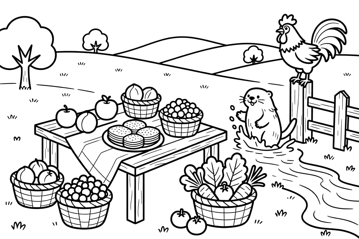 A wide view in an orchard where baskets are filled with just-picked fruit, featuring a table set with rice cakes and fresh fruit, a playful otter, and a rooster perched on a fence post, with a basket brimming with fresh vegetables nearby.