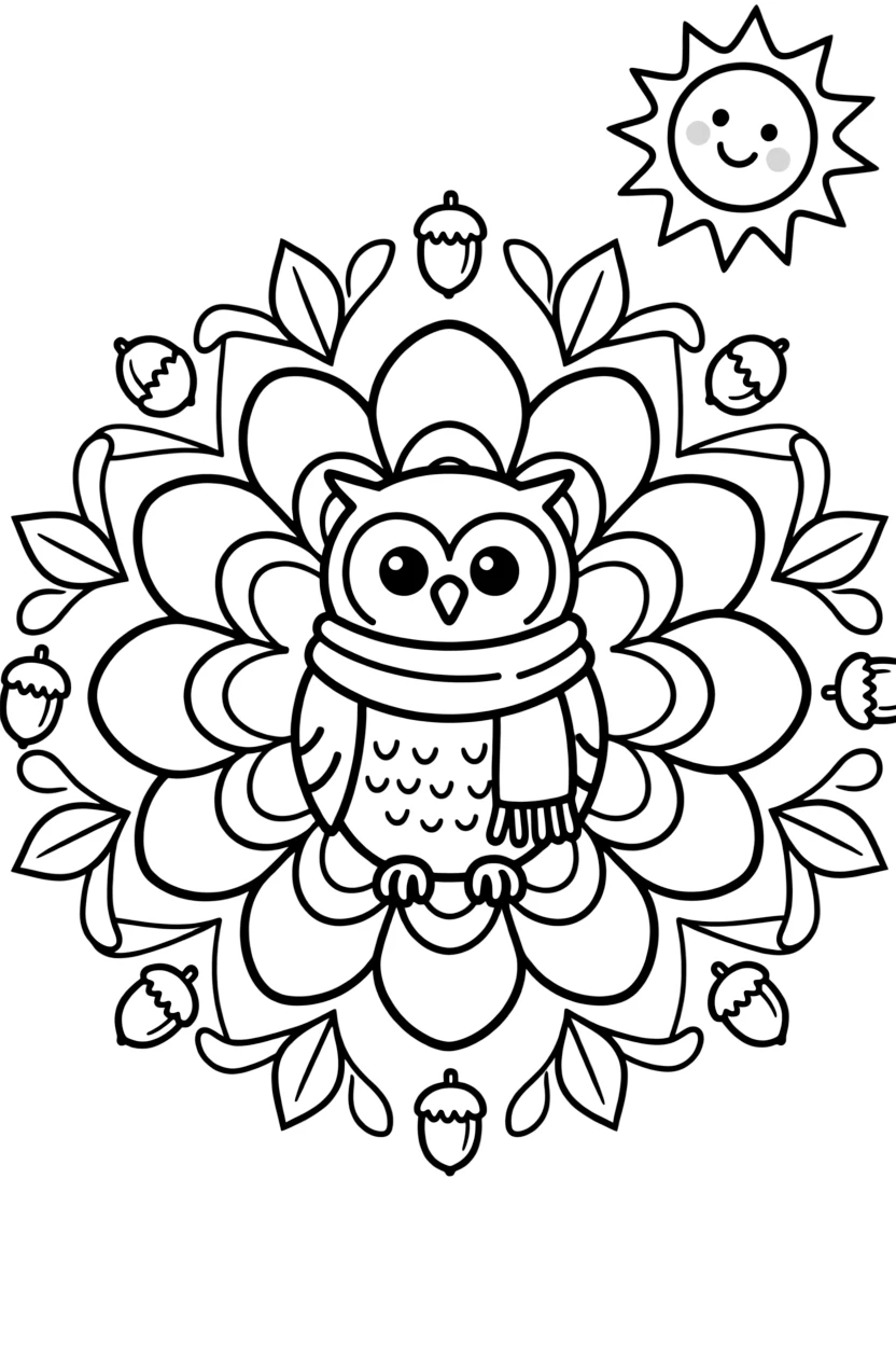 Woodland Animals: The main subject is a wise old owl perched with wings folded, drawn as the focal point of a blooming flower-shaped mandala with layered petal rings. It is placed dead center, with the surrounding rings mirrored perfectly across every direction. Decorative details fill the surrounding space, including loops of ribbon curling back on themselves, clusters of tiny acorns, and rows of teardrop-shaped petals woven throughout the background. A playful extra touch completes the page: a friendly round sun peeking in from behind the top edge.