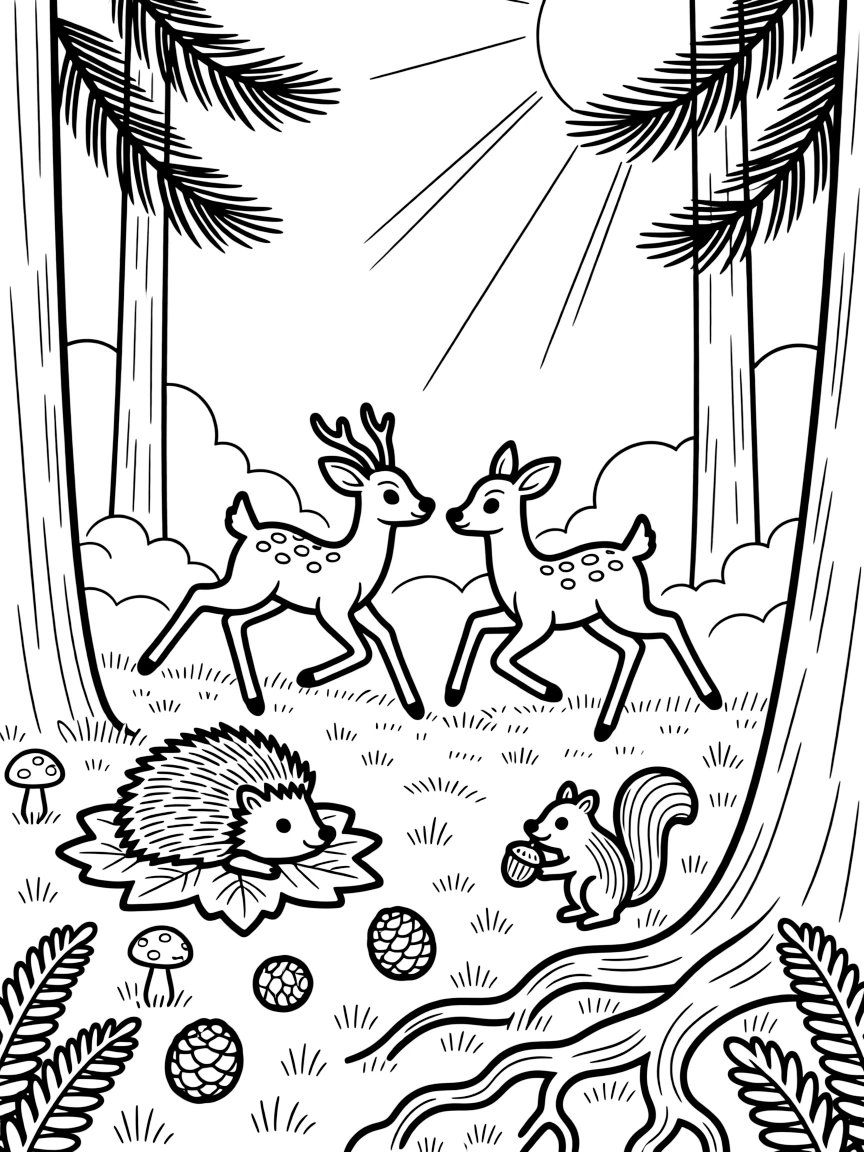 [Enchanted Forest] Two young deer play tag around a cluster of tall pine trees in a sunlit forest clearing. A pair of hedgehogs nap on a bed of soft leaves as chipmunks scurry by carrying acorns. Sunbeams stream through gaps in the canopy onto a carpet of moss, fallen pinecones, and curling roots. Delicate morning mist curls around the tree bases as the first rays of sunshine break through the canopy.