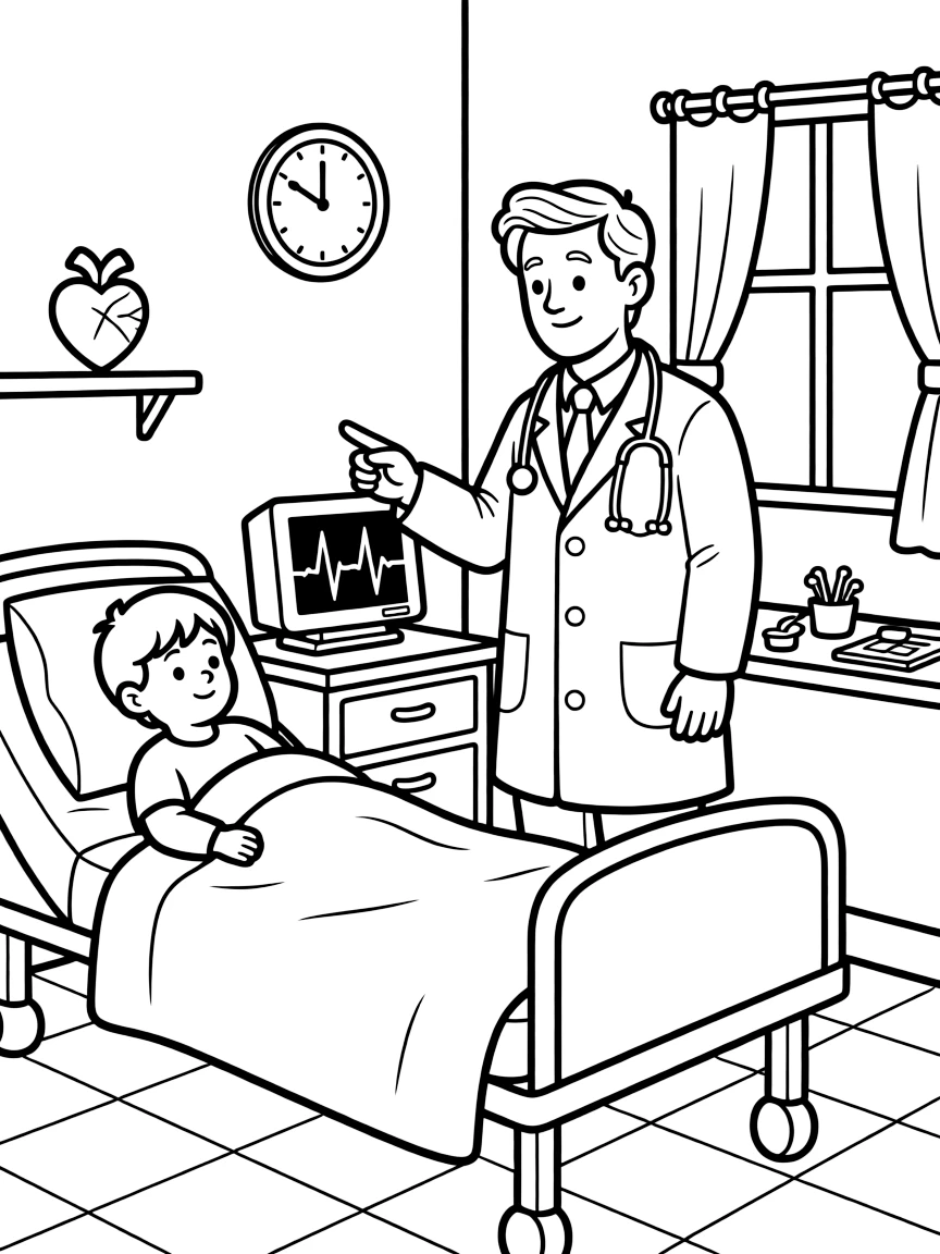 A cardiologist points to a heartbeat line on a beeping monitor beside a patient's bed.