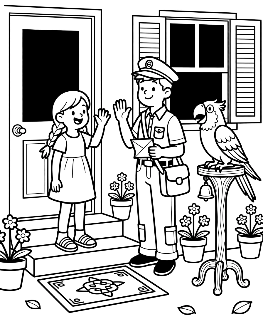 A girl with braids waving hello to a mail carrier while a parrot squawks from a perch.