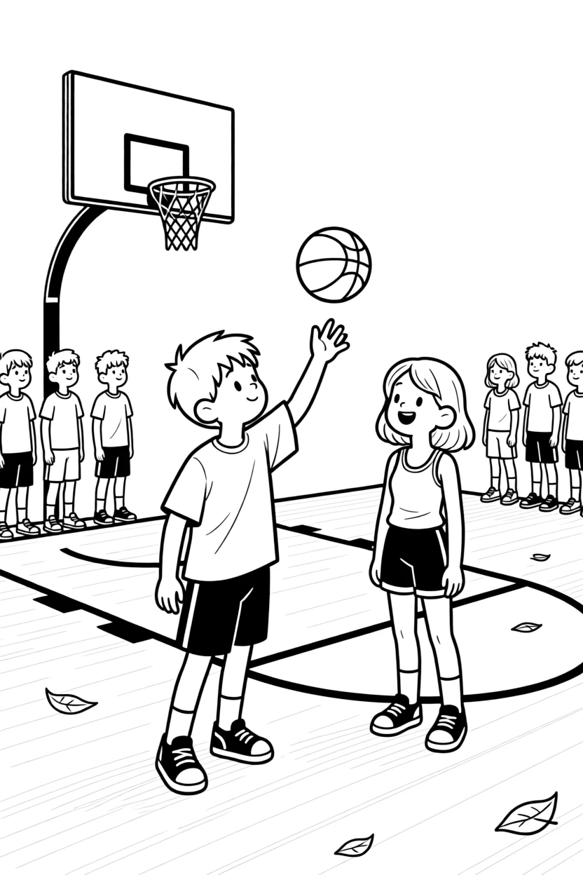 A pair of best friends, shooting a free throw with perfect focus while teammates line the key waiting to rebound.