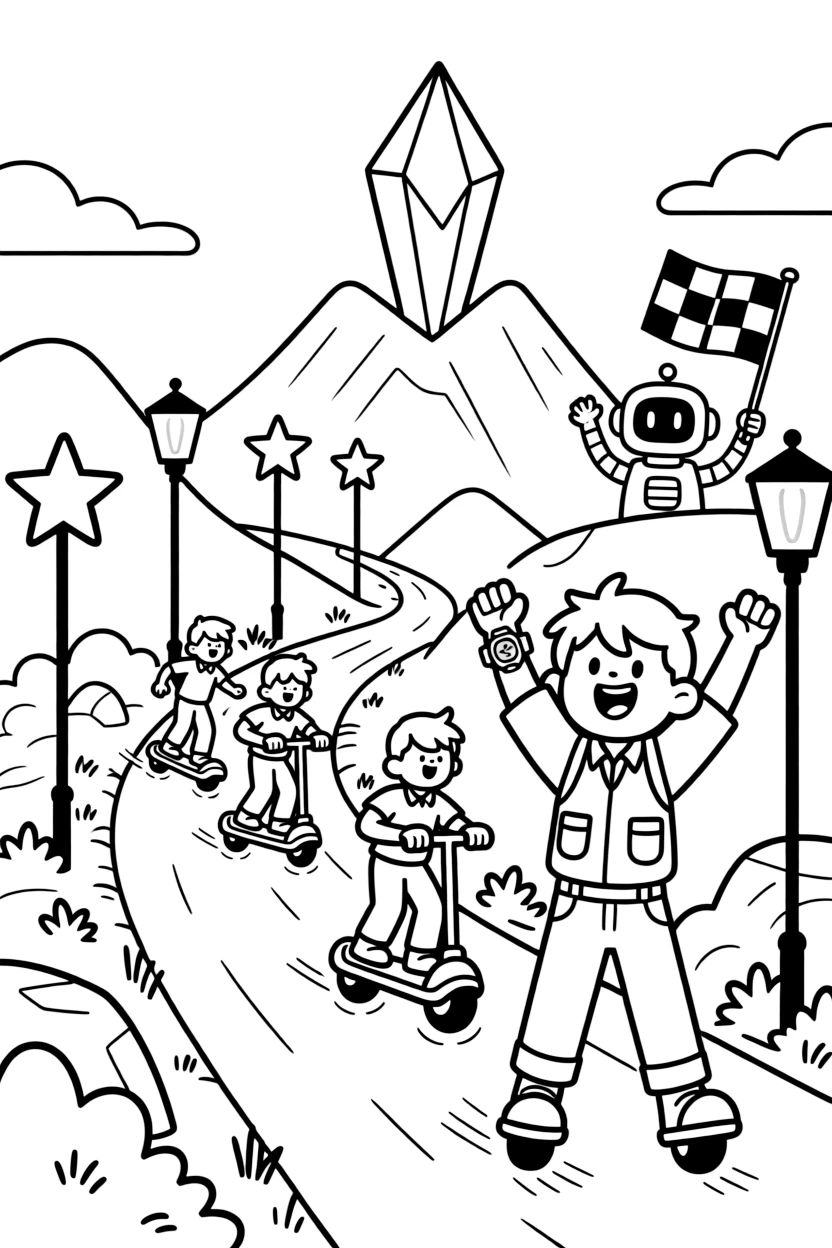 Inventor kid Atlas testing a portable teleporter watch cheering on friends at a hover-scooter race through the city streets, in a mountain trail winding up to a glowing crystal peak, with a friendly robot waving a checkered flag and a row of streetlights shaped like glowing stars nearby.
