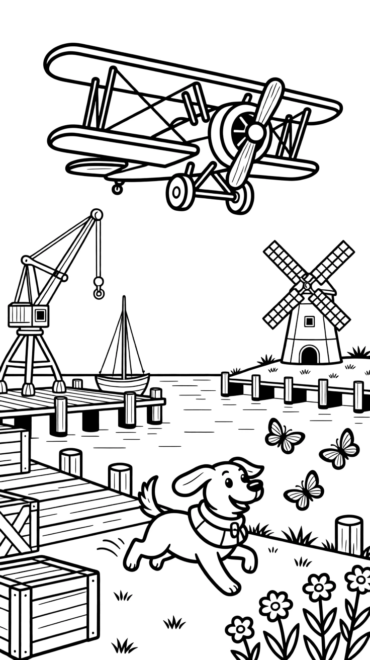 In this scene, a vintage biplane with two stacked wings and a wooden propeller is the star of a busy harbor lined with docks, cranes, and stacked crates, joined by a friendly dog with its ears flapping in the wind, with butterflies fluttering near a patch of wildflowers and a windmill turning slowly in the distance scattered throughout for kids to color.