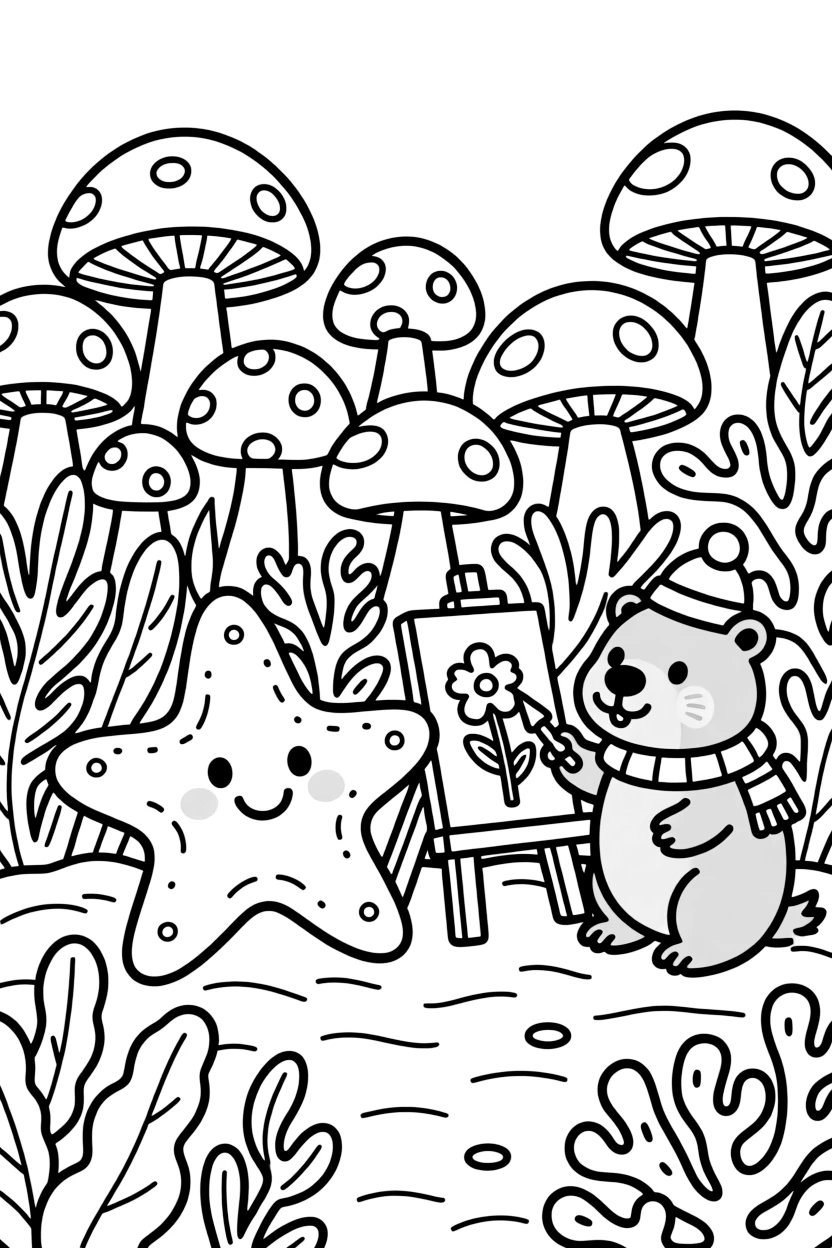 A starfish in a coral reef, painting flowers with a wombat, next to a cluster of colorful mushrooms, as dewdrops sparkle on the leaves.