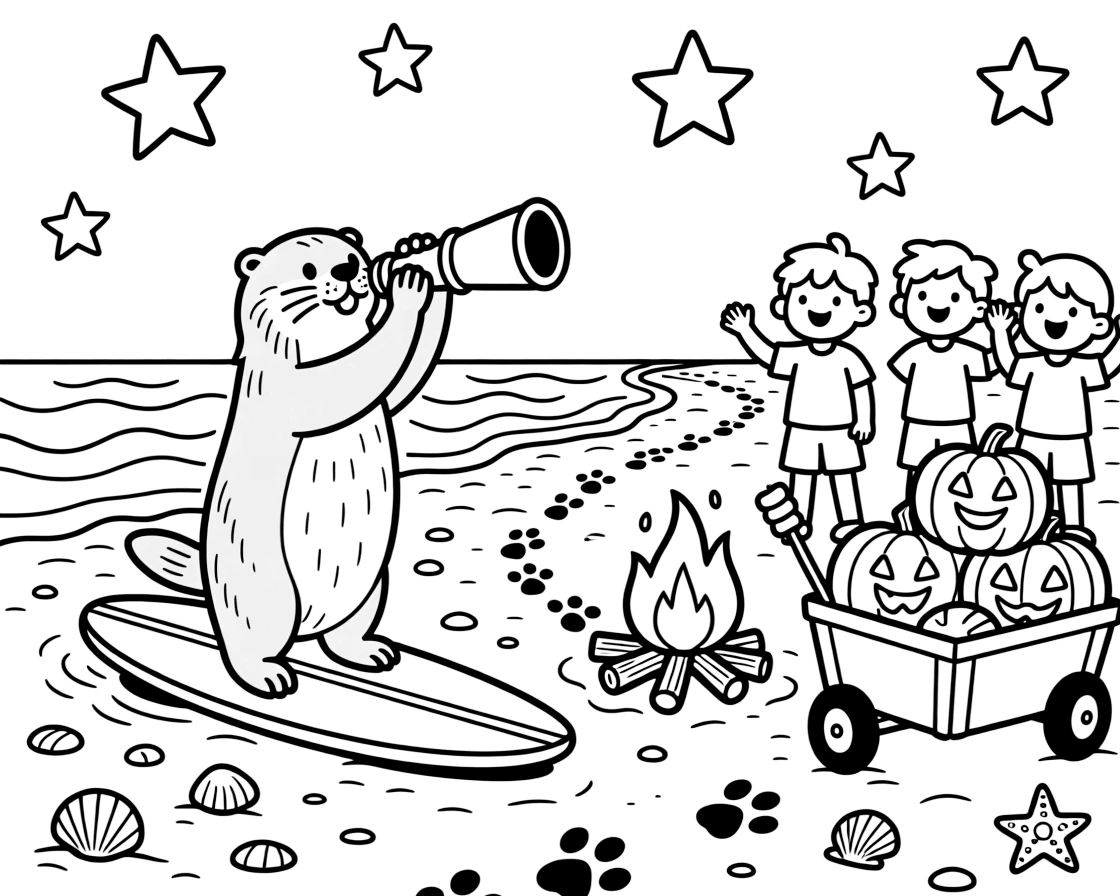 A playful otter surfer is stargazing through a giant telescope at a beach bonfire roasting marshmallows, joined by a wagon overflowing with glowing pumpkins and a trail of paw prints leading into the distance. Everyone claps and cheers at the happy sight.