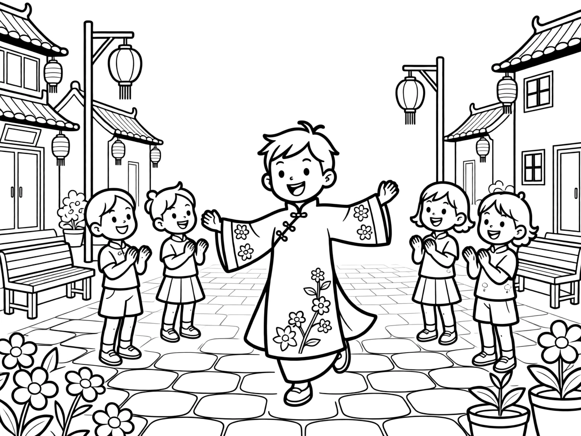 A coloring page from China showing a child wearing a silk changshan robe embroidered with flowers, twirling happily in a village square while friends look on and clap.