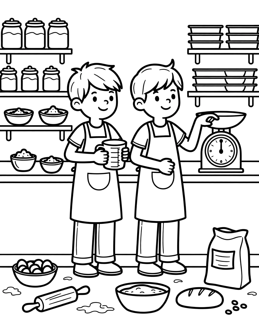 thoughtful twin brothers measure ingredients on a scale while learning to bake bread at a bakery.