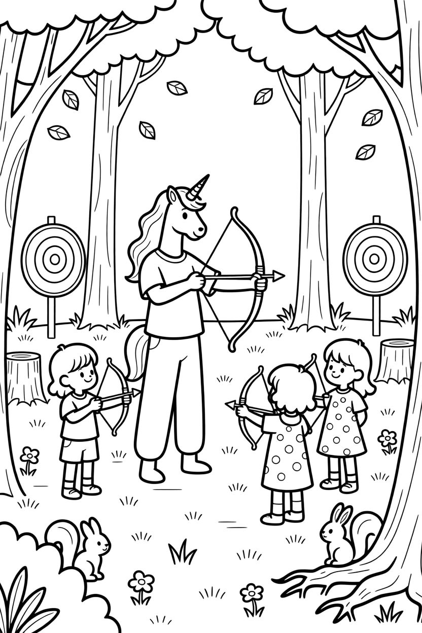 A centaur teaches a group of woodland children archery in a sunlit forest clearing, targets made from painted wooden shields hung on tree stumps.