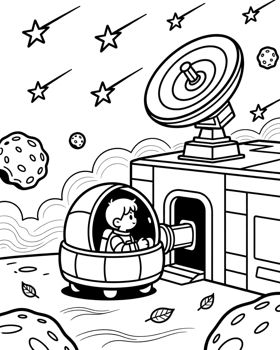 [Spaceships] a small one-person space pod docking with a space station through a shower of shooting stars, concentrating hard with a focused expression, while asteroids tumble slowly through space fills the surrounding area. A radar dish spins slowly on top. Set on a crisp autumn afternoon, with dust kicked up by the wind, the page bursts with adventure and imagination.
