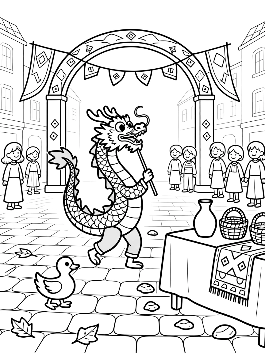 A wide view in a bustling town square strung with colorful banners, featuring a dancing red-and-gold dragon puppet, a waddling duckling, and a display of handmade crafts, with a decorated archway welcoming guests nearby.