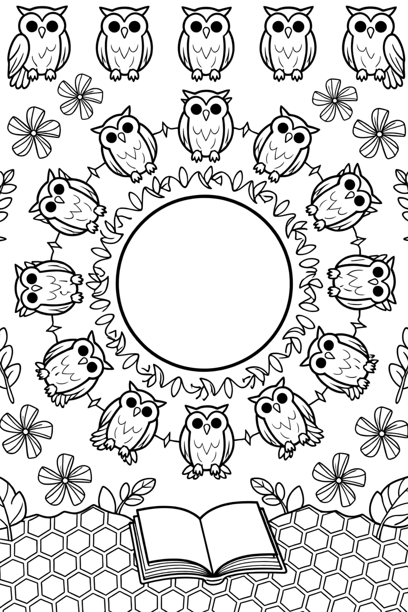Woodland Animals: The page centers on a repeating motif of a wise old owl perched with wings folded, built around a spiral mandala that winds gently from center to edge. The motif is shown marching in a repeating row all the way around the border of the page, framing an open medallion left blank in the center. Decorative details fill the surrounding space, including pinwheel blades spinning in place, rows of gentle leaf veins branching outward, and a field of tiny honeycomb cells woven throughout the background. A playful extra touch completes the page: a tiny open book resting at the base of the design.