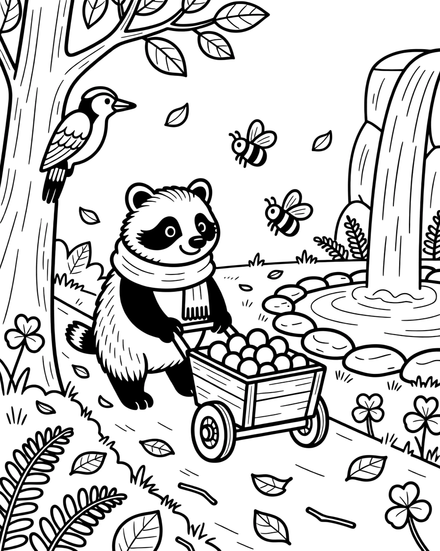 [Enchanted Forest] A friendly badger pulls a small wooden cart loaded with berries down a leafy forest path. A woodpecker taps at a tree trunk overhead as bumblebees buzz around a patch of clover. A tall waterfall trickles into a small pond edged with smooth stones and clusters of wild ferns. A gentle breeze rustles the leaves overhead, scattering a few petals across the forest floor.