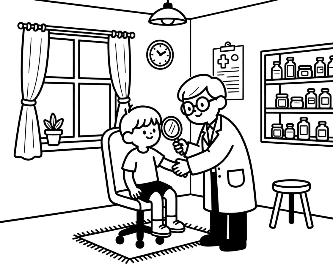 A dermatologist examines a patient's arm with a lighted magnifying glass in a clinic room.