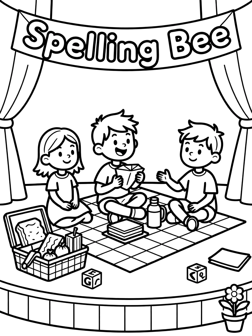 A talkative boy eating lunch with friends at a spelling bee stage with a picnic basket nearby.