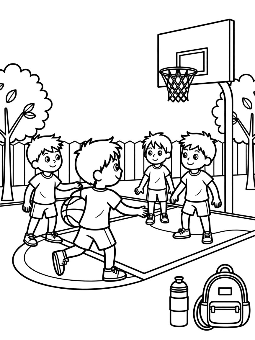 A team of neighborhood kids, passing the ball behind the back to a teammate breaking toward the hoop.