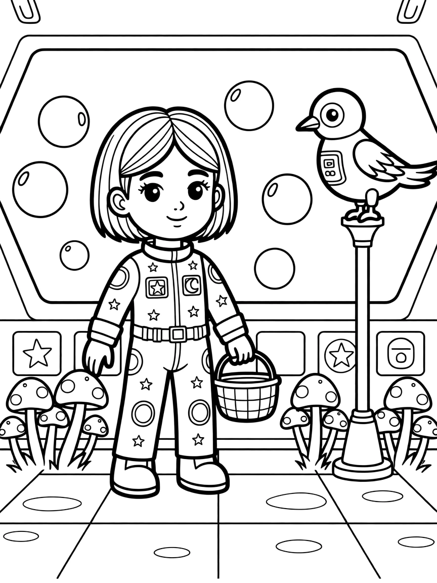 Star Scout Vega, a young space explorer in a starry spacesuit collecting glowing mushrooms for a moonlit science fair, in a spaceship's bright control room full of blinking buttons and screens, with a cluster of soap-bubble-like energy shields and a robotic bird perched on a lamp post nearby.