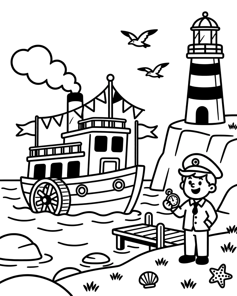 The scene captures a paddle-wheel riverboat with a tall smokestack and flags in the middle of a rocky coastline with a striped lighthouse on the cliff, with a cheerful conductor checking a pocket watch nearby and colorful flags fluttering from every corner sprinkled around for extra fun.