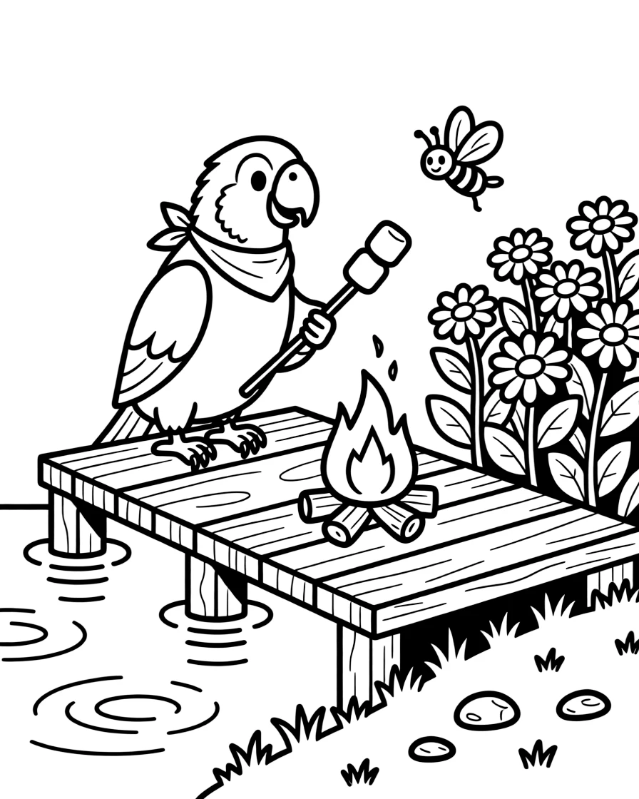 A parrot roasting marshmallows by a campfire with a firefly on a wooden dock over a pond, near a bed of daisies.